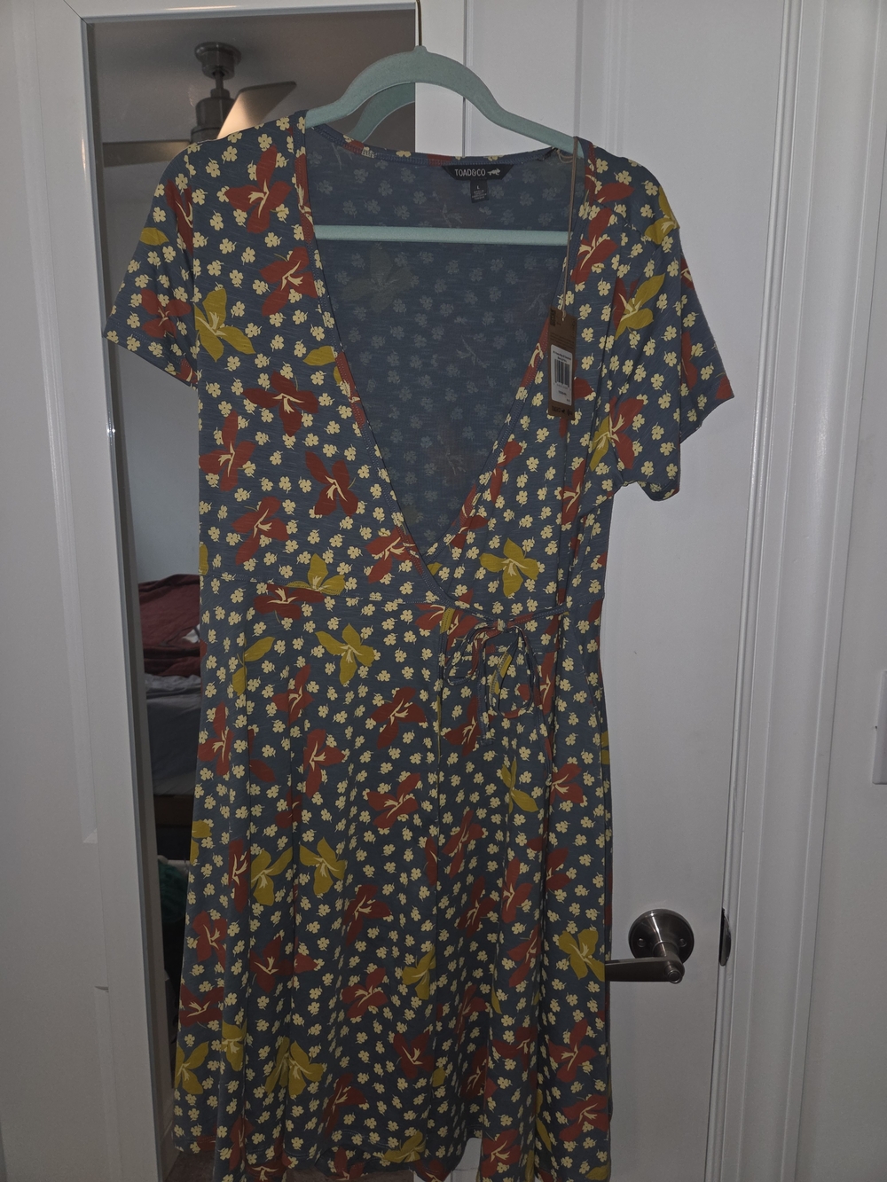 Toad&Co Slate Blue Floral Wrap Midi Dress with Mustard and Rust Accents